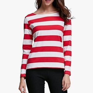 🔸️Red & White Striped Boatneck Long Sleeve Top Large